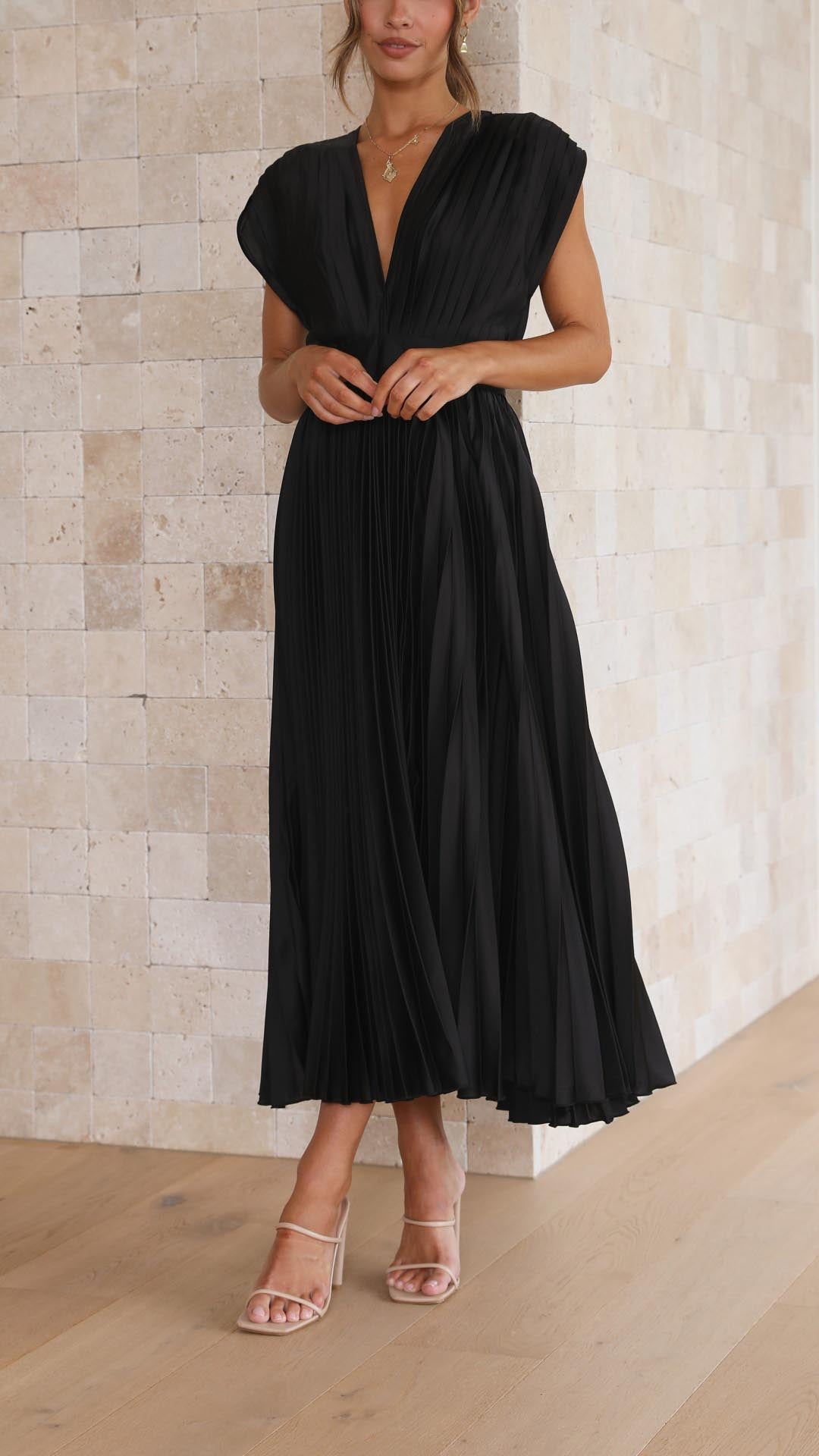 Women’s Pleated Maxi Dress with V-Neck