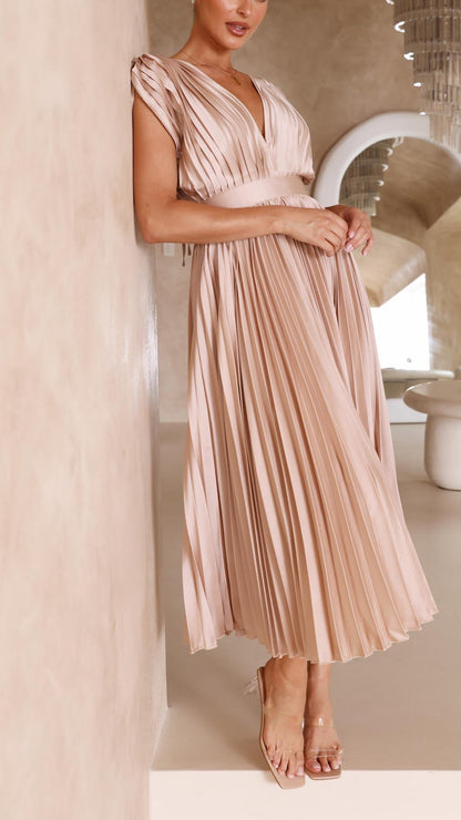 Women’s Pleated Maxi Dress with V-Neck