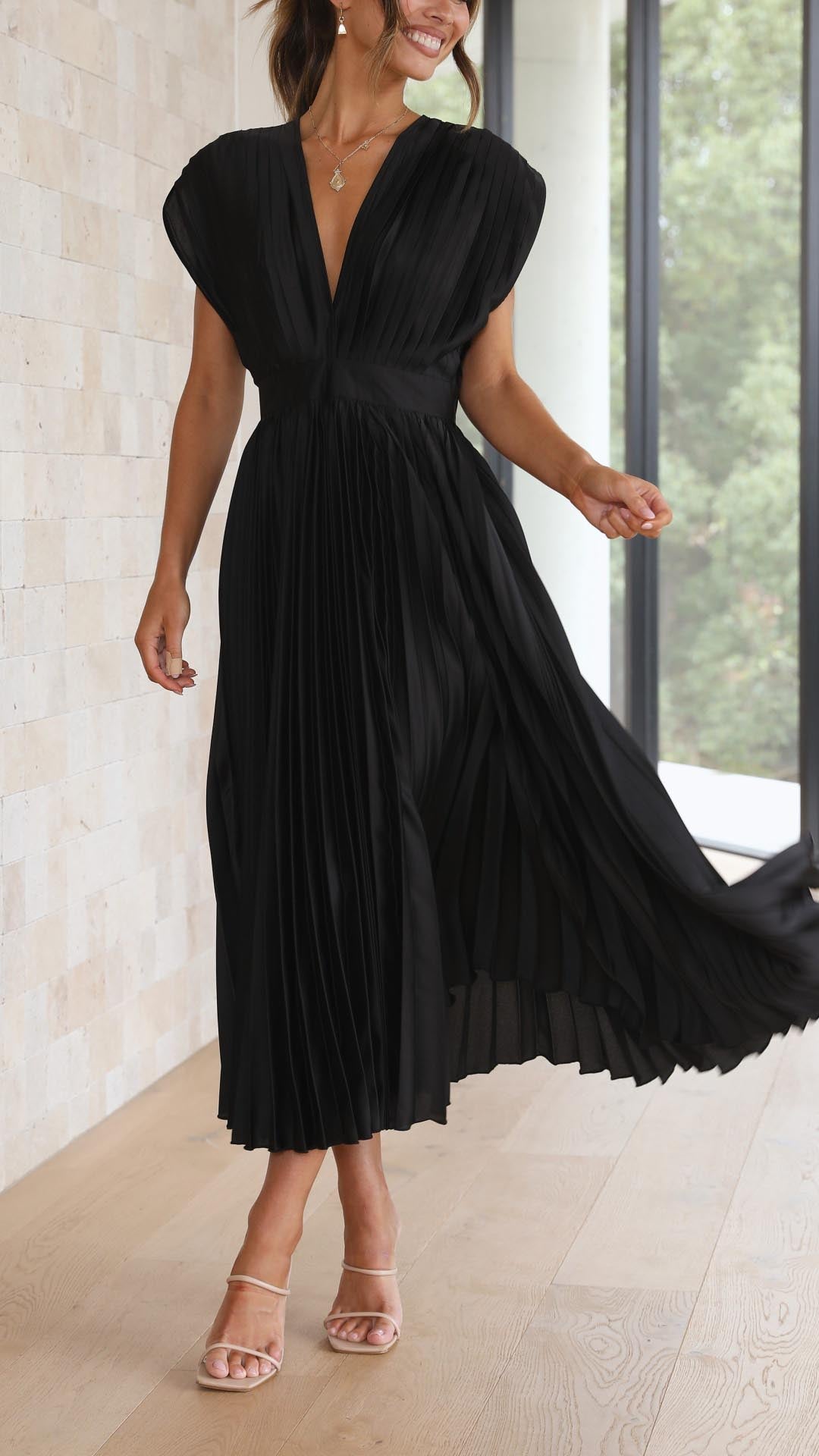 Women’s Pleated Maxi Dress with V-Neck