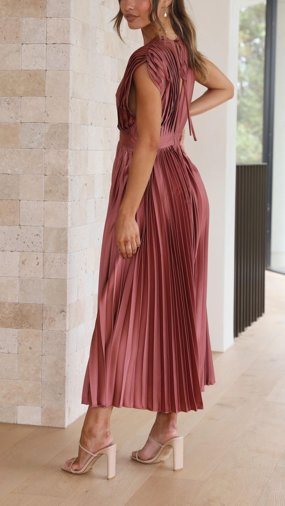 Women’s Pleated Maxi Dress with V-Neck