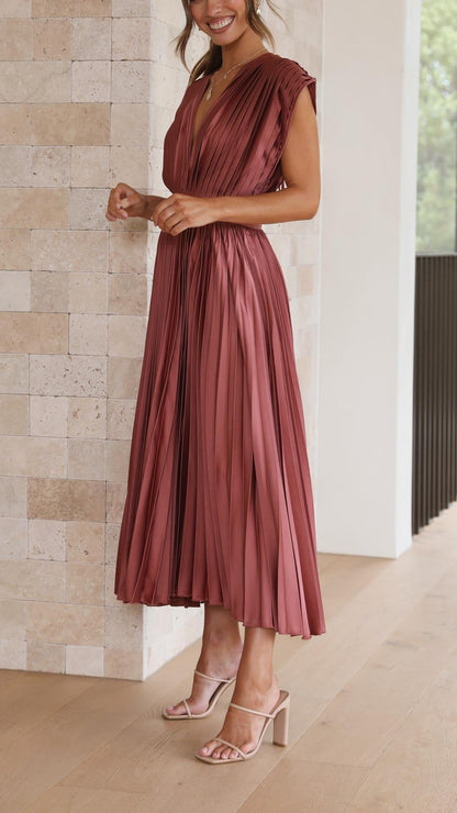 Women’s Pleated Maxi Dress with V-Neck