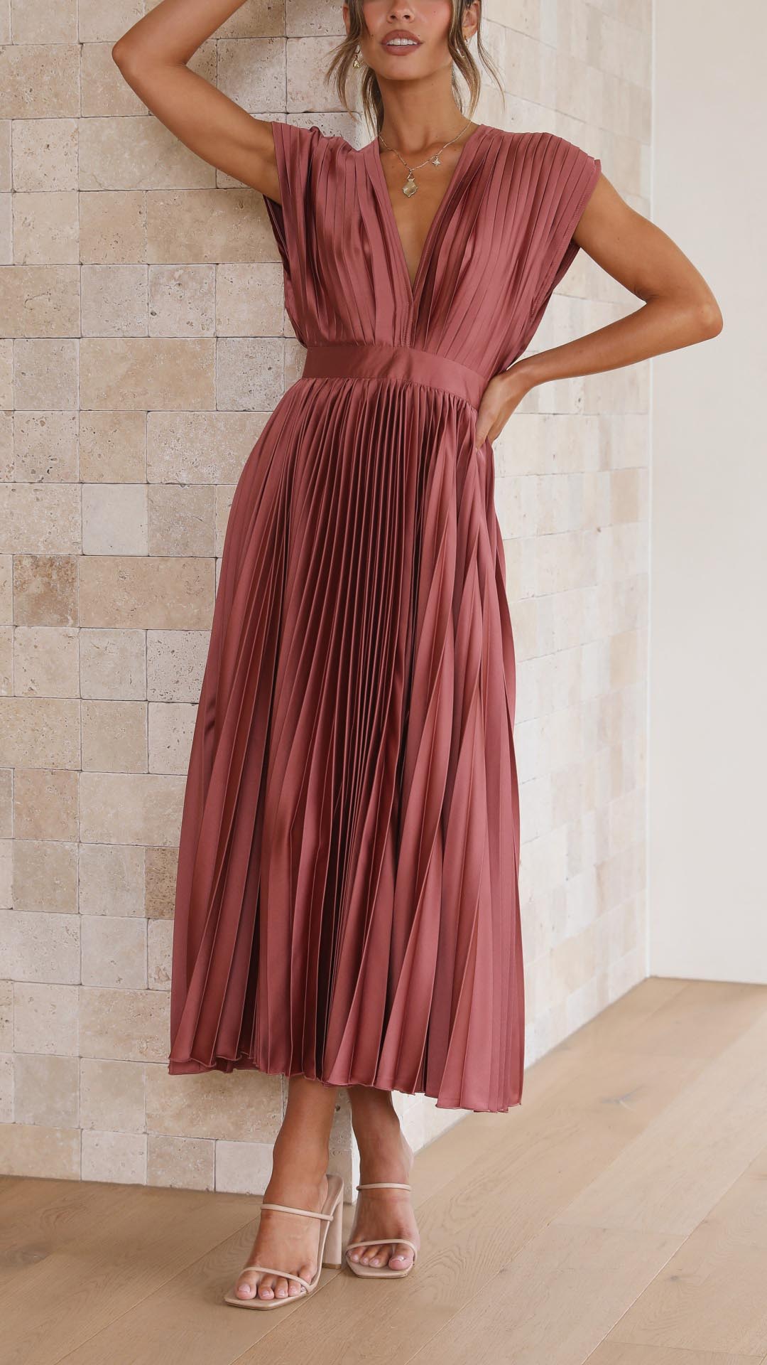 Women’s Pleated Maxi Dress with V-Neck