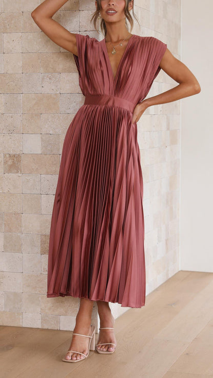 Women’s Pleated Maxi Dress with V-Neck