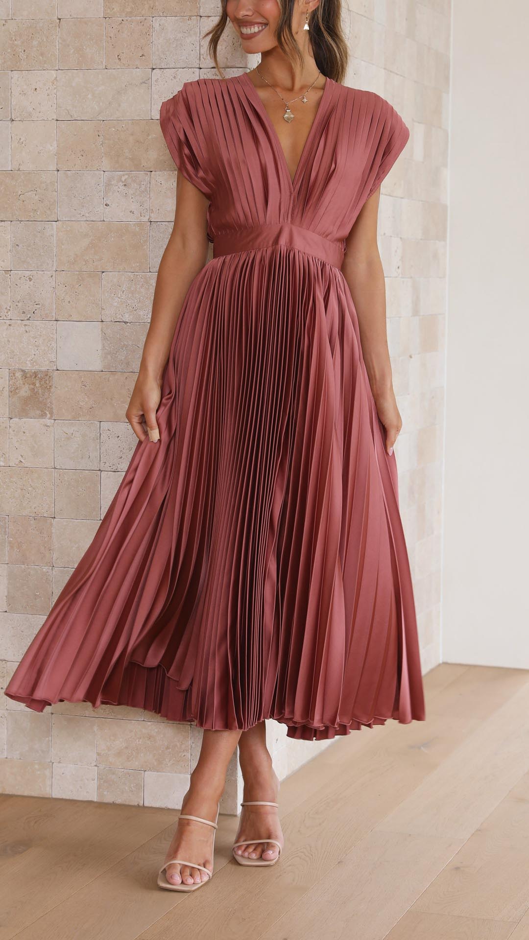 Women’s Pleated Maxi Dress with V-Neck