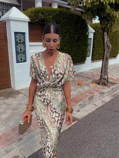 Women’s Printed Midi Dress with Twisted Front and Short Sleeves