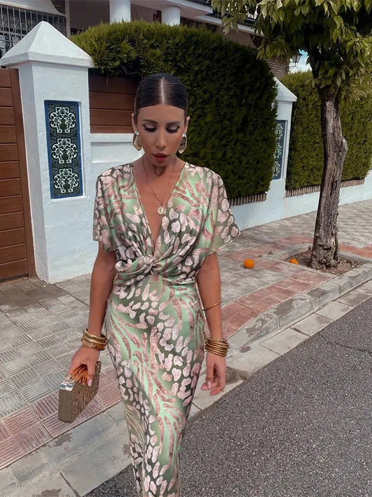 Women’s Printed Midi Dress with Twisted Front and Short Sleeves