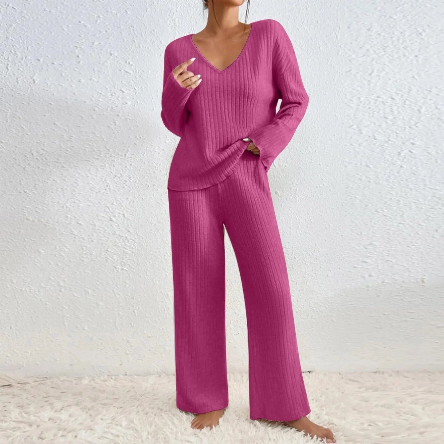 Women’s Ribbed V Neck Lounge Set