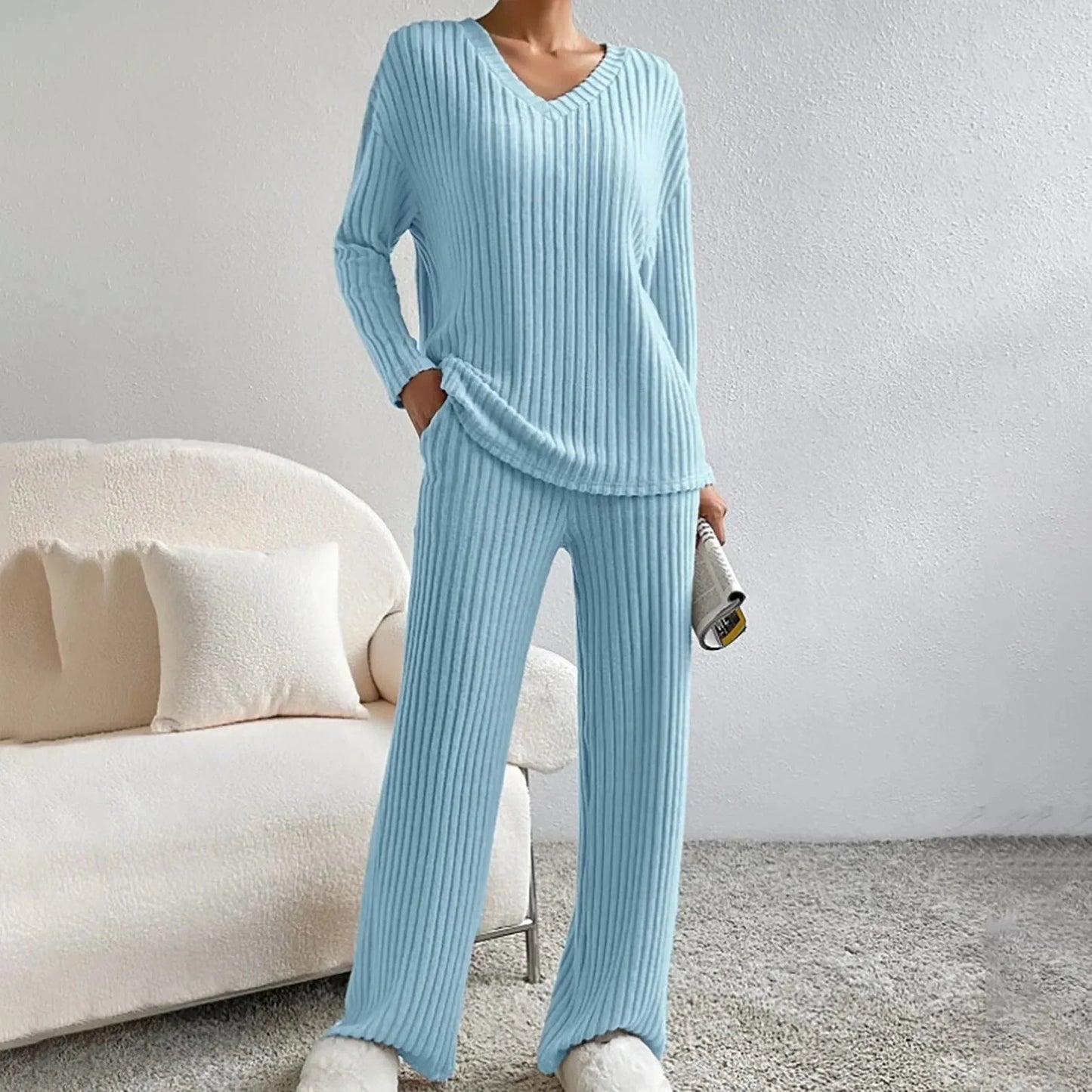Women’s Ribbed V Neck Lounge Set