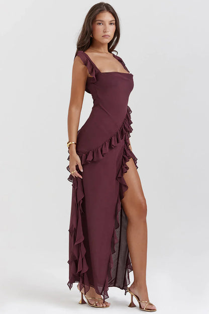 Women’s Ruffle Strap Maxi Dress with Side Slit