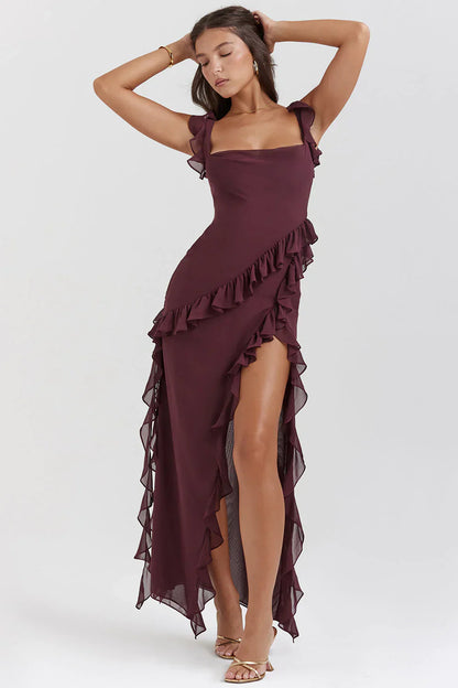 Women’s Ruffle Strap Maxi Dress with Side Slit