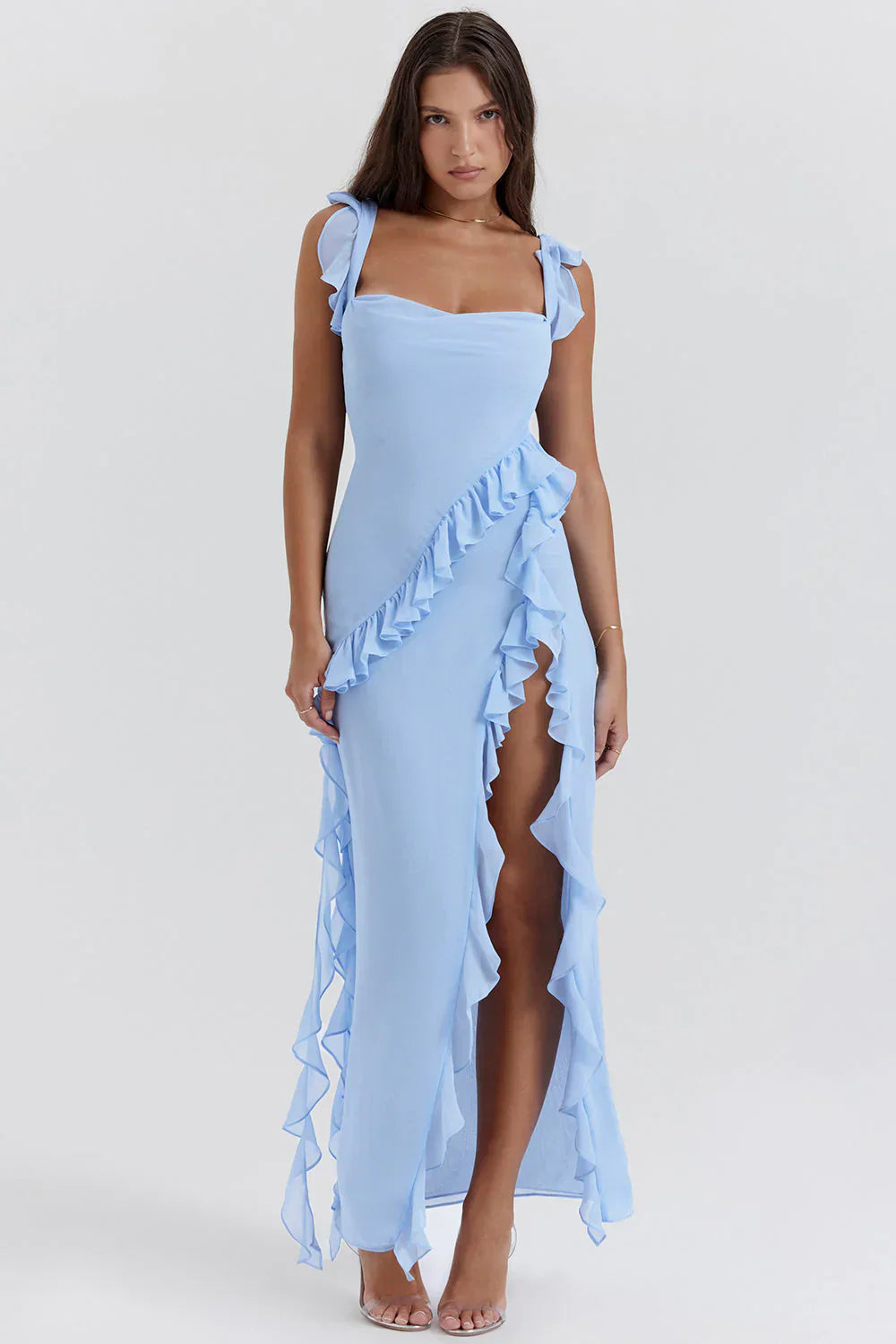 Women’s Ruffle Strap Maxi Dress with Side Slit