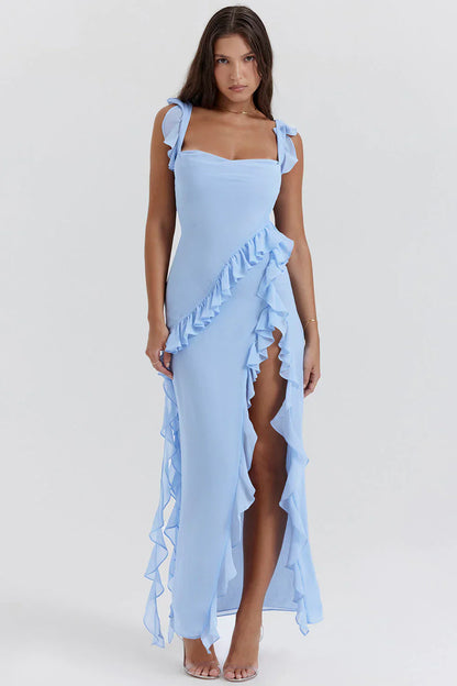 Women’s Ruffle Strap Maxi Dress with Side Slit