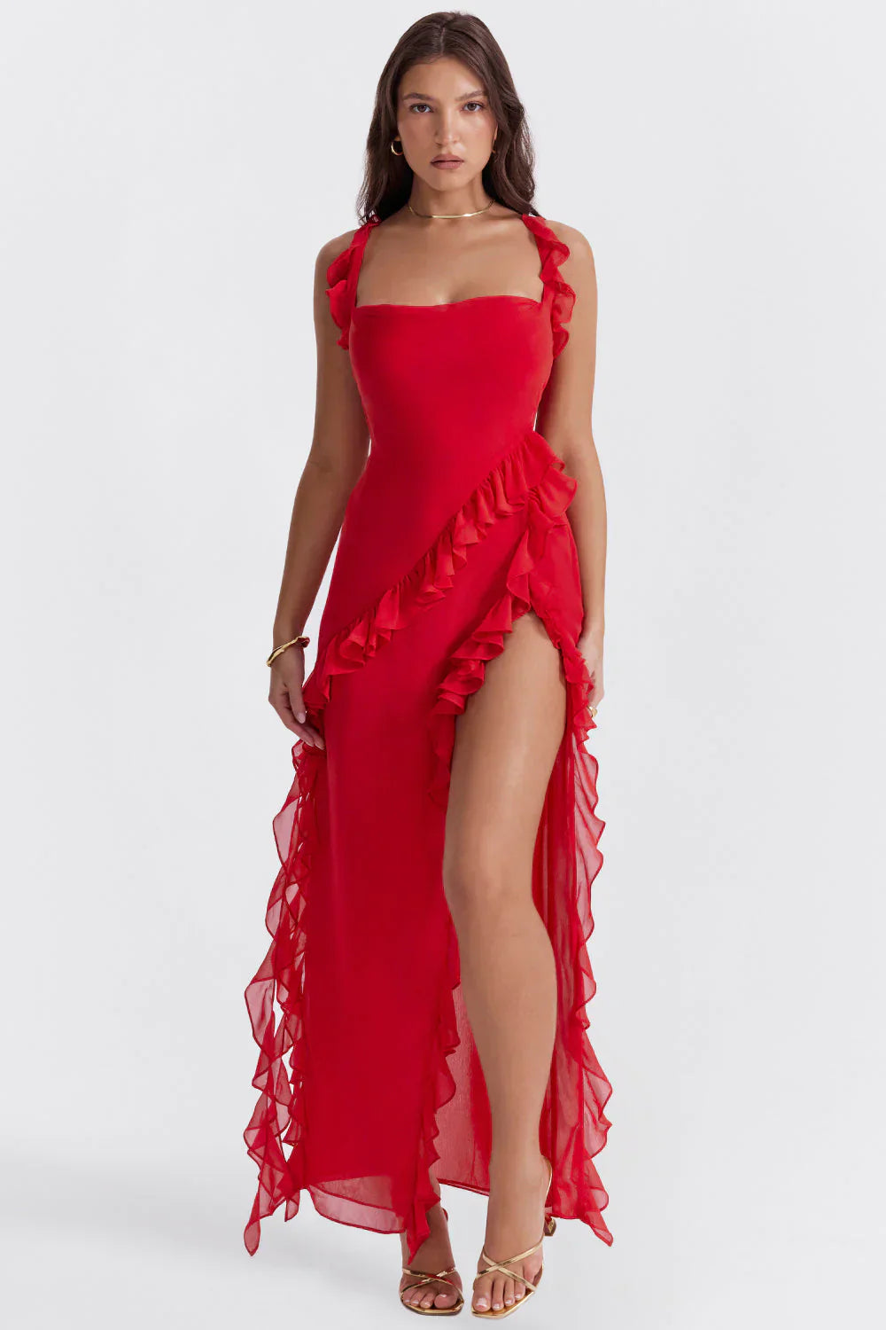 Women’s Ruffle Strap Maxi Dress with Side Slit