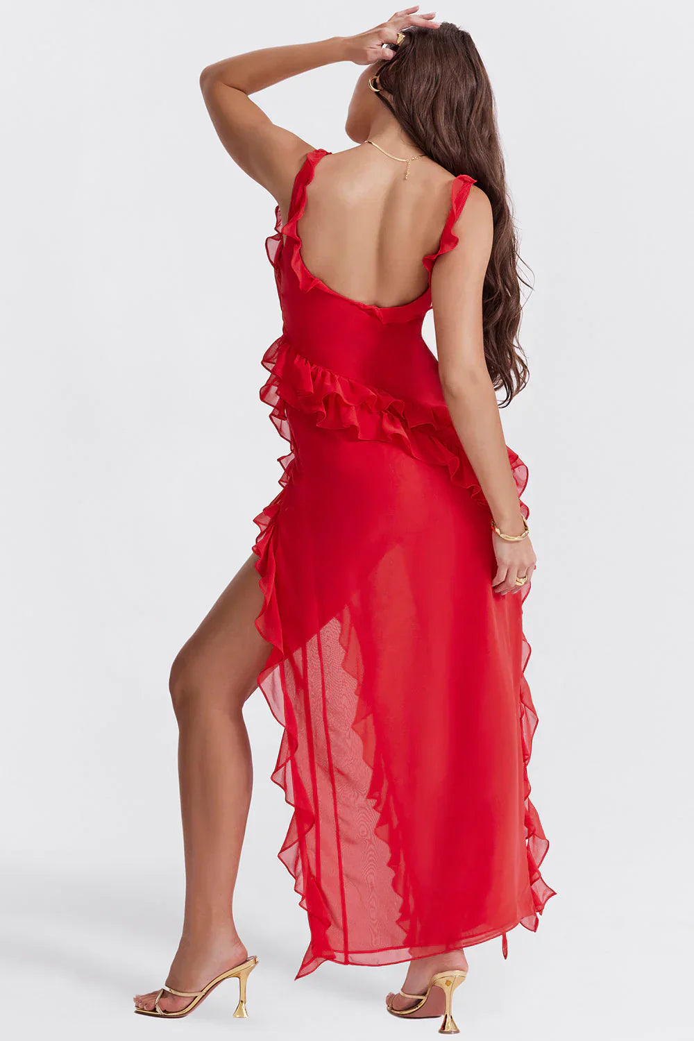 Women’s Ruffle Strap Maxi Dress with Side Slit