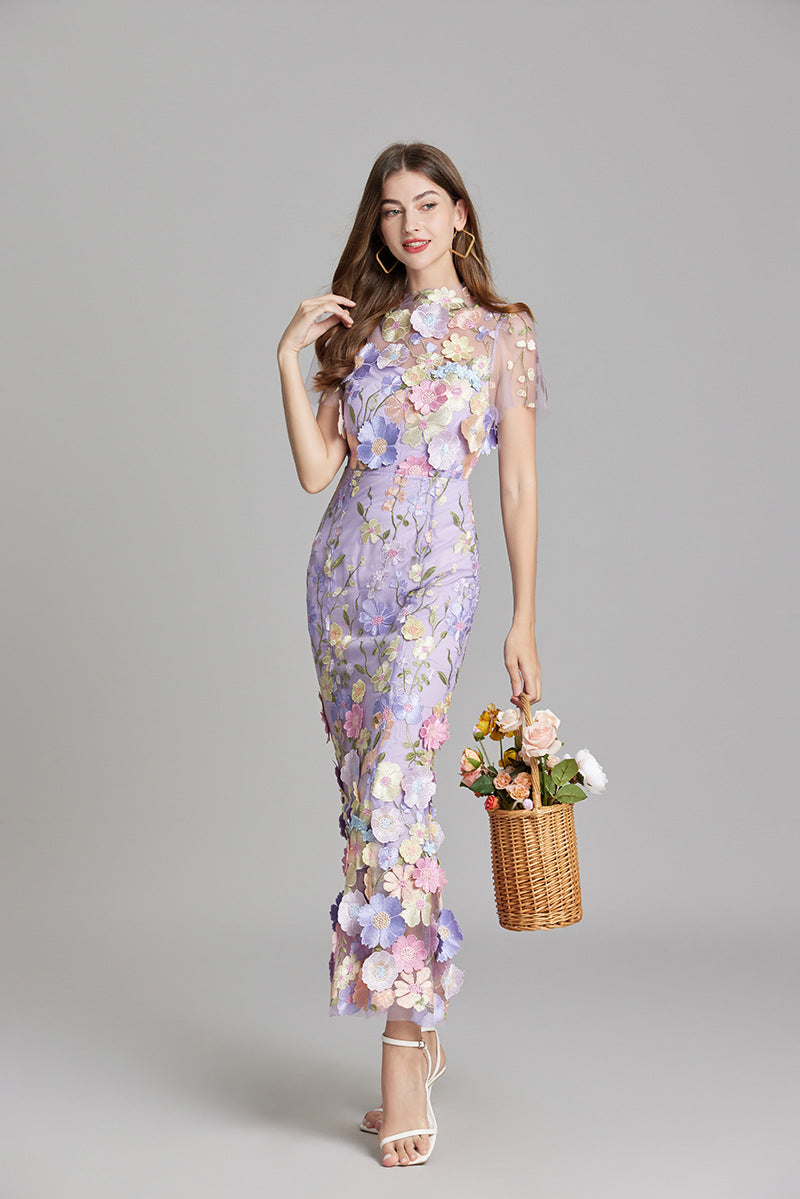 Women’s Short Sleeve Sheer Midi Dress with Floral Embroidery