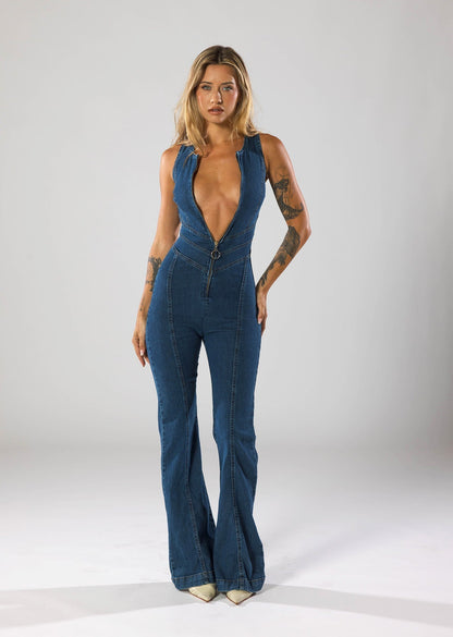 Women’s Sleeveless Zip Denim Jumpsuit
