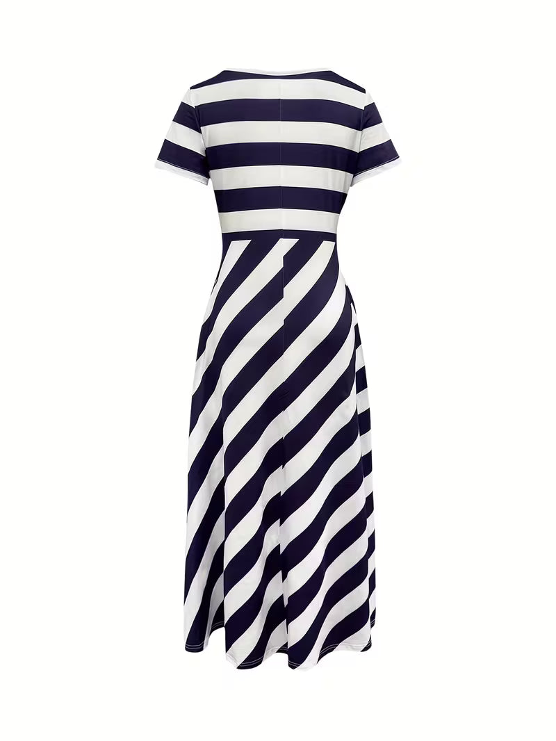 Women’s Striped Midi Dress with Wide Neckline