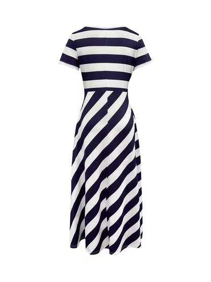 Women’s Striped Midi Dress with Wide Neckline