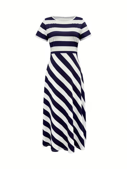 Women’s Striped Midi Dress with Wide Neckline