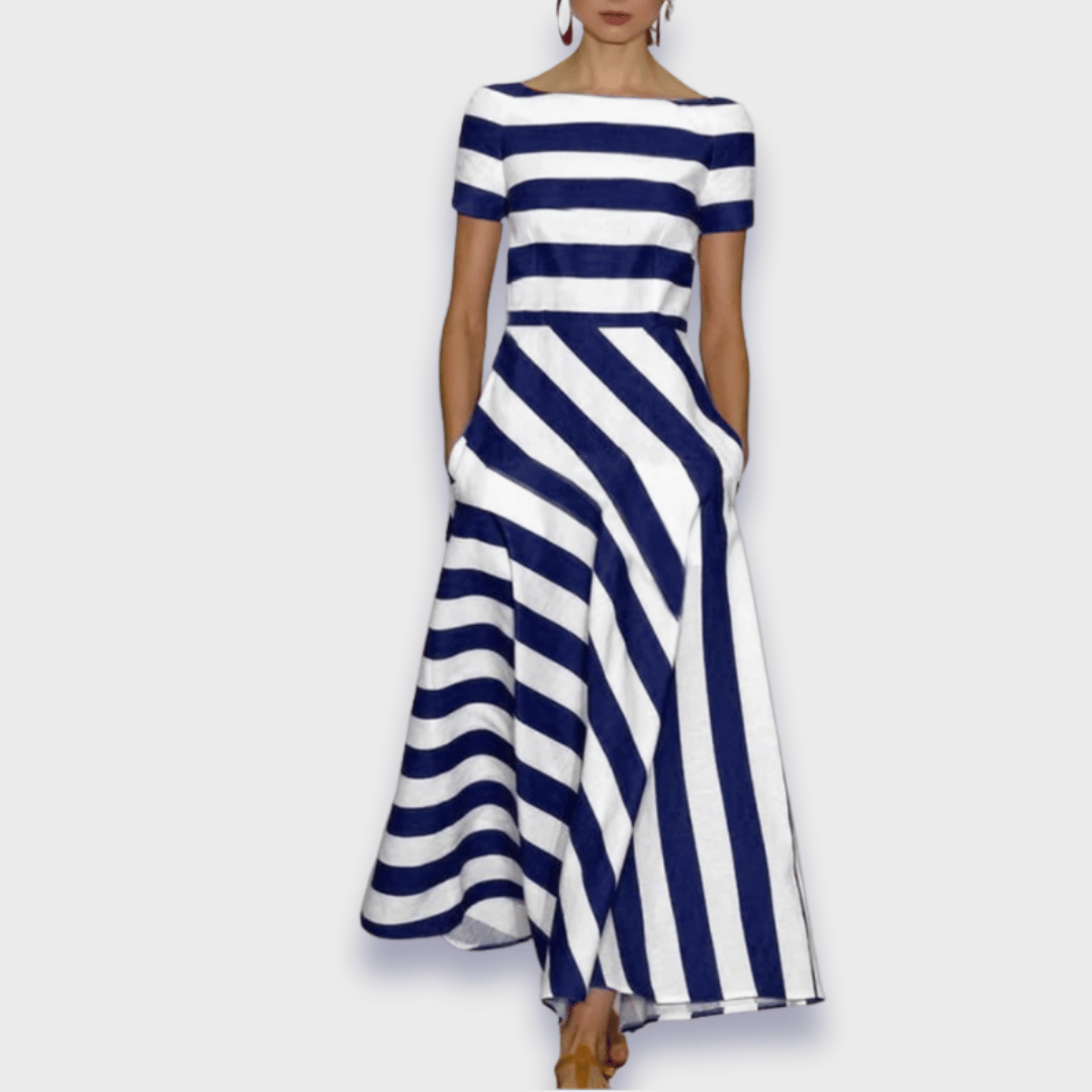 Women’s Striped Midi Dress with Wide Neckline
